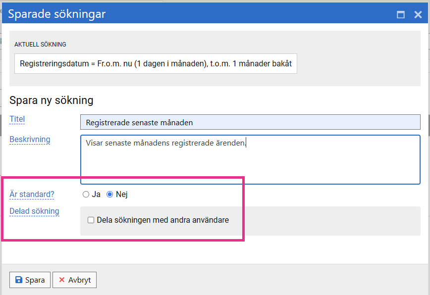 Inställningar för sparad sökning