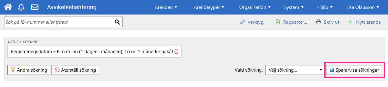 Välj Spara/visa sökningar