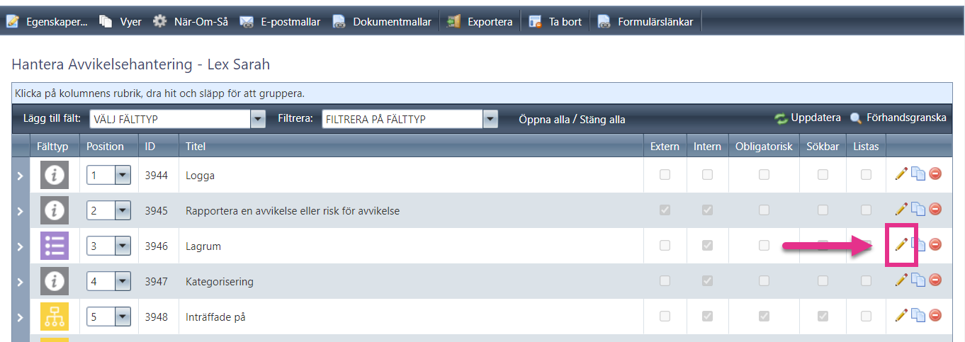 Ändra inställningar på ett fält