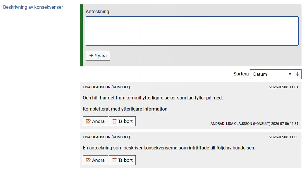 Exempel på anteckningsfältet