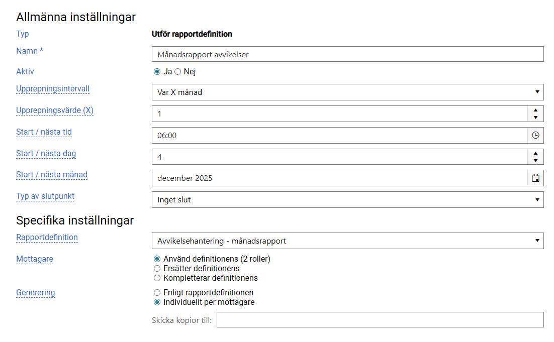 Inställningar rapportdefinition