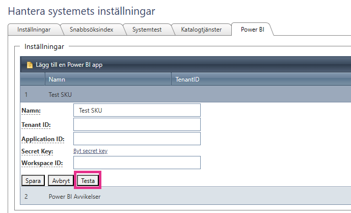 Testa anslutning Power BI